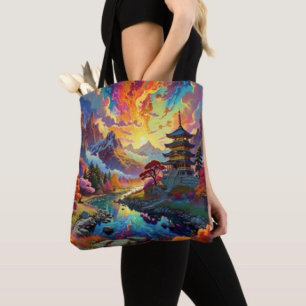 Pagode en gekleurd landschap tote bag