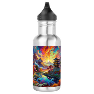Pagode en gekleurd landschap waterfles