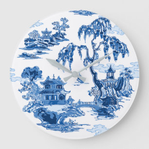 Pagodetuin in blauw porselein grote klok