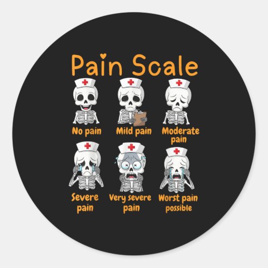 Pain Scale Cute Nurse Skeleton Halloween Trauma Fu Ronde Sticker (Voorkant)