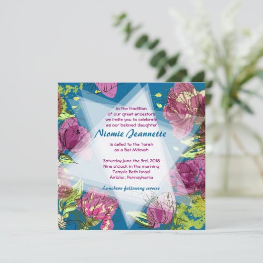 PAINED SPRING FLOWERS Bat Mitzvah Invitation Kaart (Staand voorkant)