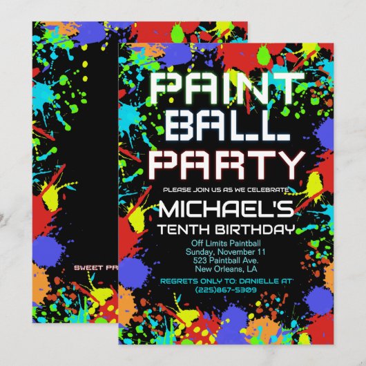Paint Ball Birthday Party Invitation Kaart (Voorkant / Achterkant)
