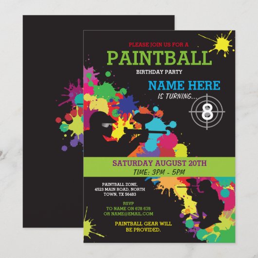 PAINT BALL PAINTBALL INVITE KIDS BIRTHDAY PARTY KAART (Voorkant / Achterkant)