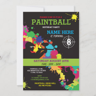 PAINT BALL PAINTBALL INVITE KIDS BIRTHDAY PARTY KAART