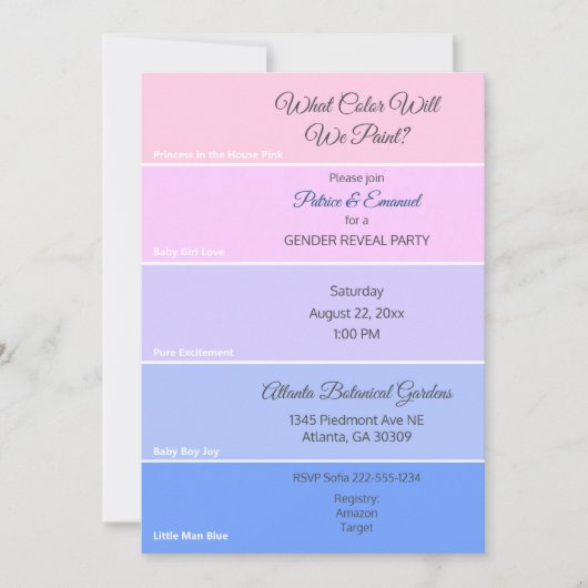 Paint Chip Geslacht Onthullen Roze Blauw Uitnodigi Kaart (Voorkant)