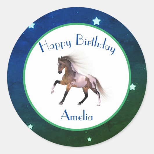 Paint Horse Happy Birthday Blauw Groene Stickers (Voorkant)