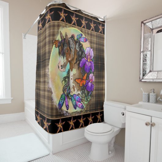 Paint Horse Mustang met Iris en vlinders Douchegordijn (In situ)