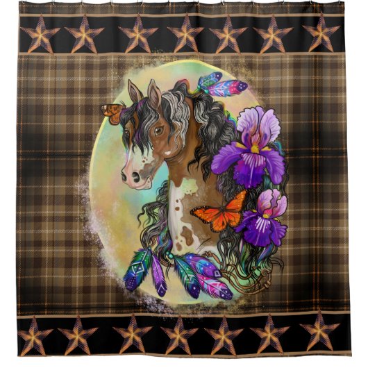 Paint Horse Mustang met Iris en vlinders Douchegordijn (Voorkant)