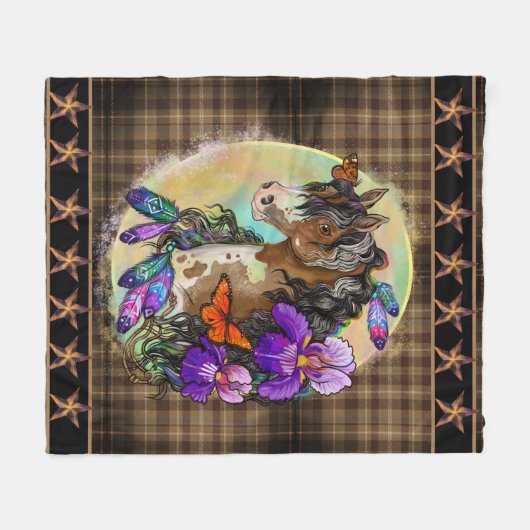 Paint Horse Mustang met Iris en vlinders Fleece Deken (Voorkant (Horizontaal))