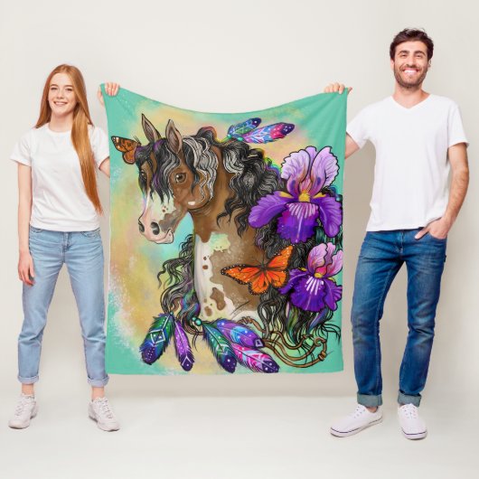 Paint Horse Mustang met Iris en vlinders Fleece Deken (In situ)