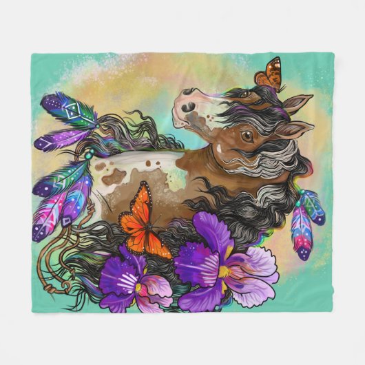 Paint Horse Mustang met Iris en vlinders Fleece Deken (Voorkant (Horizontaal))