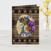 Paint Horse Mustang met Iris en vlinders Kaart (Gele Bloem)