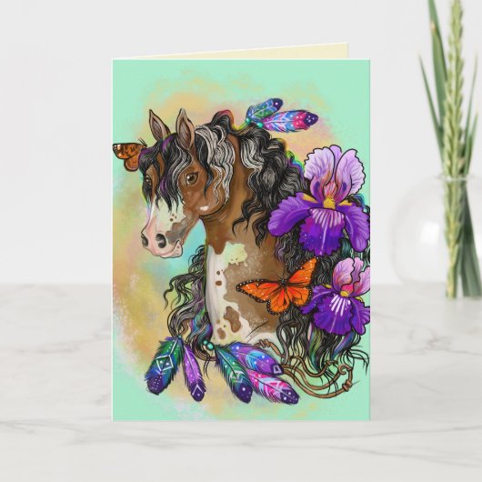 Paint Horse Mustang met Iris en vlinders Kaart (Voorkant)
