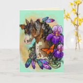 Paint Horse Mustang met Iris en vlinders Kaart (Gele Bloem)