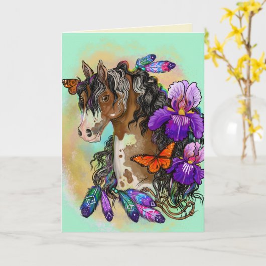 Paint Horse Mustang met Iris en vlinders Kaart (Gele Bloem)