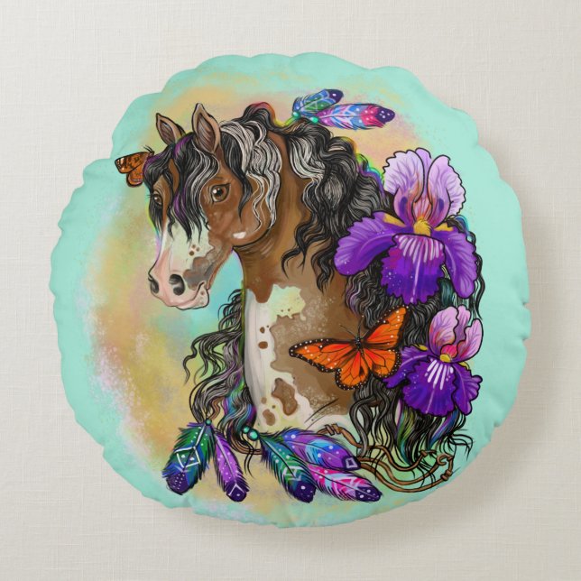 Paint Horse Mustang met Iris en vlinders Rond Kussen (Voorkant)