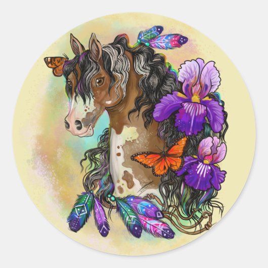 Paint Horse Mustang met Iris en vlinders Ronde Sticker (Voorkant)