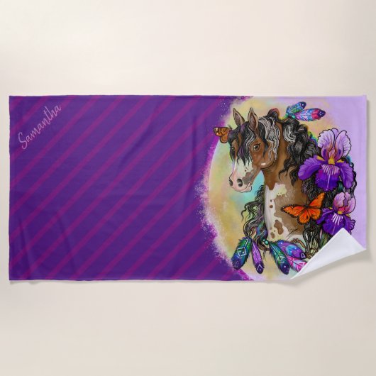 Paint Horse Mustang met Iris en vlinders Strandlaken (Voorkant)