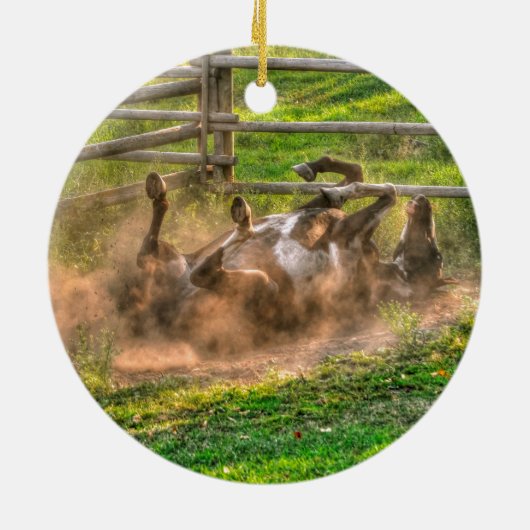 Paint Horse Rolling in Dust Funny Equine Photo Keramisch Ornament (Achterkant)