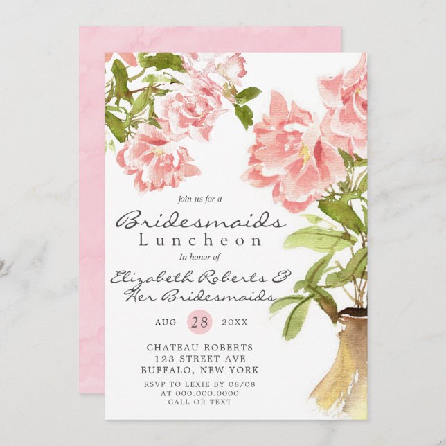 Paint Pink Peony Bridesmaids Luncheon Invites (Voorkant / Achterkant)