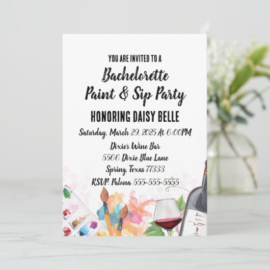 Paint & Sip vrijgezellenfeest uitnodiging (Staand voorkant)
