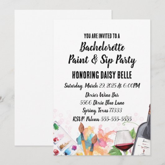 Paint & Sip vrijgezellenfeest uitnodiging (Voorkant / Achterkant)
