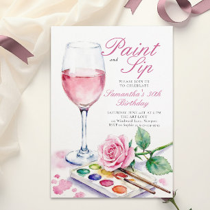 Paint Sip Wijn Feest Roos Bloem 30e Verjaardag Kaart
