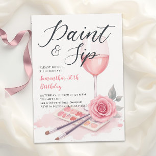 Paint Sip Wijn Feest Roze Roos 30e Verjaardag Kaart