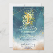 Paint Splash Floral Cross First Heilige Communie Kaart (Voorkant)