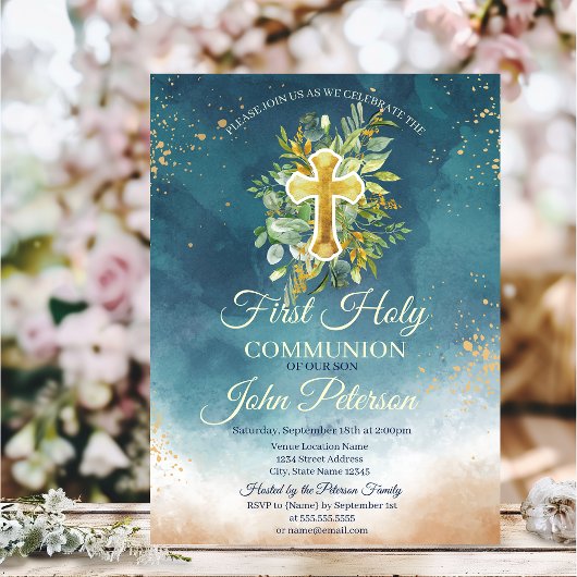 Paint Splash Floral Cross First Heilige Communie Kaart