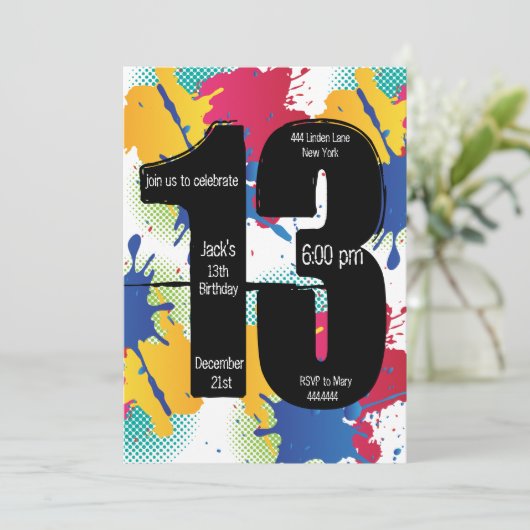 Paint Splatter 13e verjaardag uitnodiging (Staand voorkant)