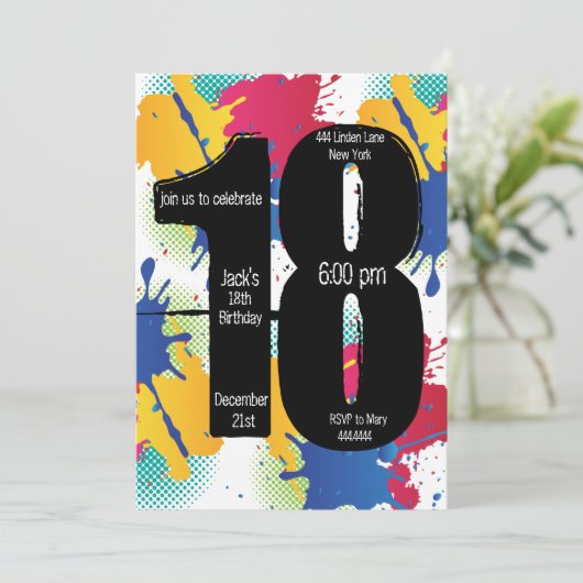 Paint Splatter 18th Birthday-uitnodiging Kaart (Staand voorkant)