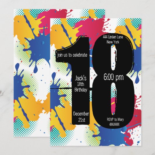 Paint Splatter 18th Birthday-uitnodiging Kaart (Voorkant / Achterkant)