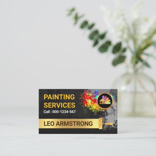 Paint Splatter Gouden Rolborstel Schilderen Visitekaartje (Staand voorkant)