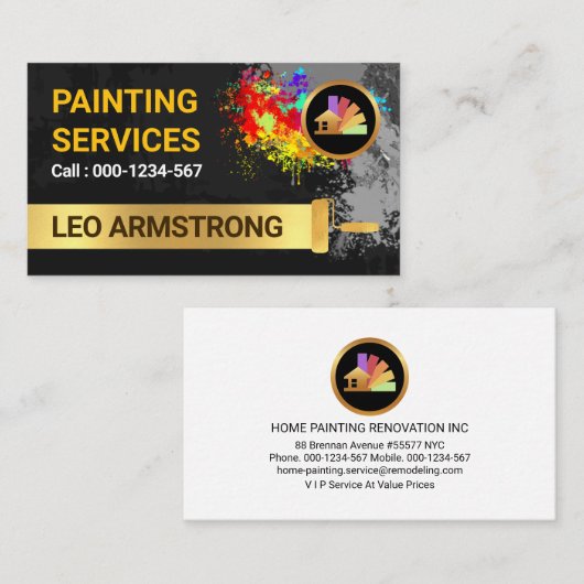 Paint Splatter Gouden Rolborstel Schilderen Visitekaartje (Voorkant / Achterkant)