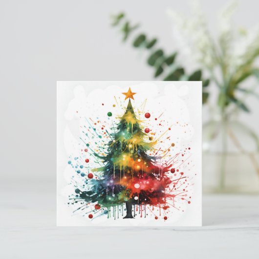 Paint splatter kerstboom wenskaart feestdagenkaart (Staand voorkant)