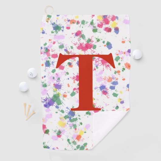 Paint Splatter Red Monogrammed Golf Towel Golfhanddoek (Insitu)