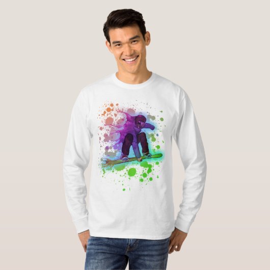 Paint splatter regenboog snowboarder mannen lange  t-shirt (Voorkant volledig)