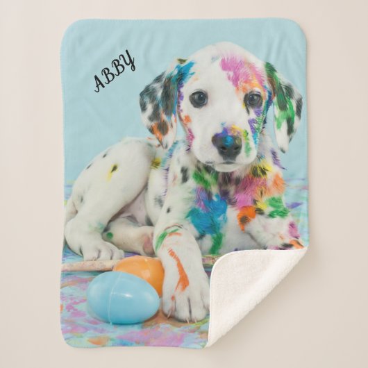 PAINT SPLATTERED PUPPY BLANKET. SHERPA DEKEN (Voorkant)