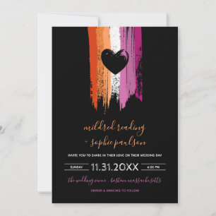Paint Strokes Lesbian Flag & Black Heart Wedding Kaart