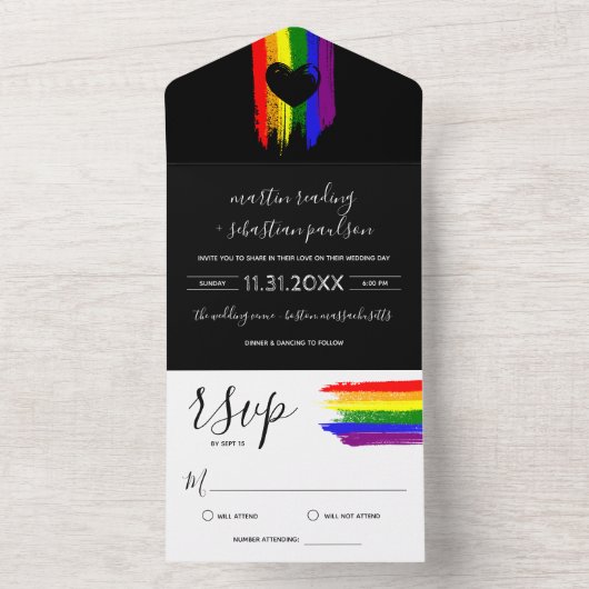 Paint Strokes Pride Flag & Black Heart Wedding IV All In One Uitnodiging (Binnen)