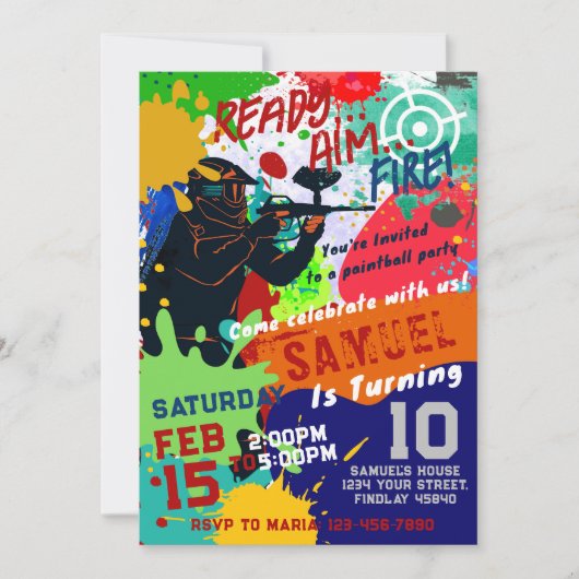 Paintball Birthday Invitation, Paintball Invite Kaart (Voorkant)