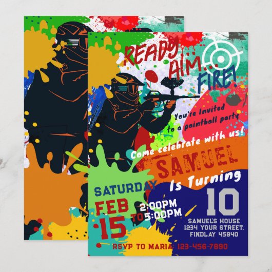 Paintball Birthday Invitation, Paintball Invite Kaart (Voorkant / Achterkant)