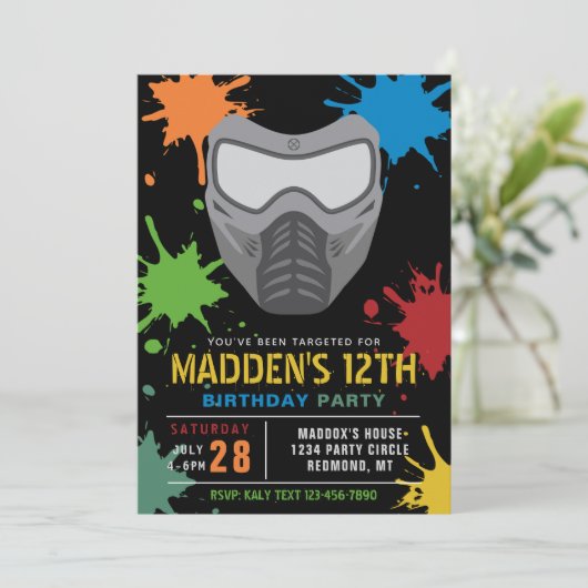 Paintball Birthday Invitation | Paintball Party Kaart (Staand voorkant)