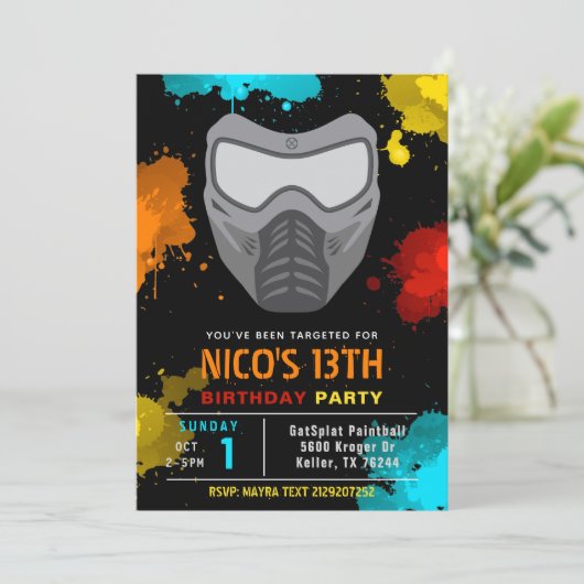 Paintball Birthday Invitation | Paintball Party Kaart (Staand voorkant)
