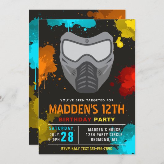 Paintball Birthday Invitation | Paintball Party Kaart (Voorkant / Achterkant)