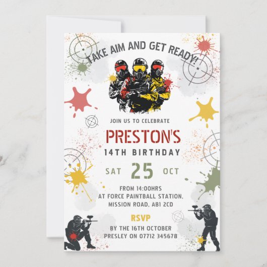 Paintball Birthday Invitation Take Aim & Get Ready Kaart (Voorkant)