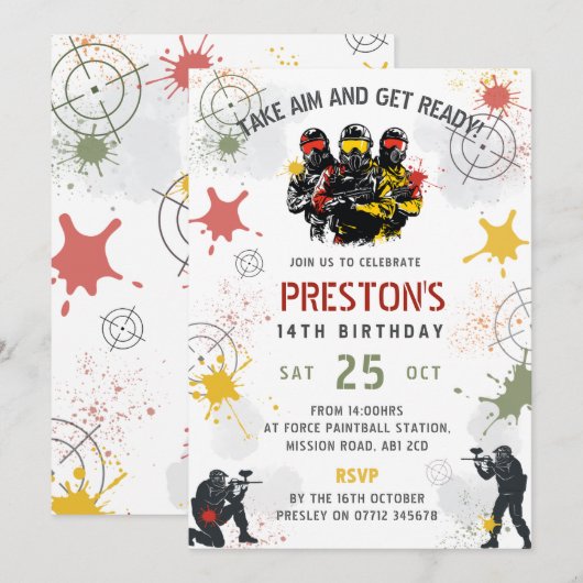 Paintball Birthday Invitation Take Aim & Get Ready Kaart (Voorkant / Achterkant)