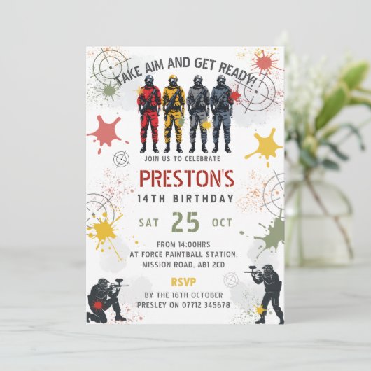 Paintball Birthday Invitation Take Aim & Get Ready Kaart (Staand voorkant)