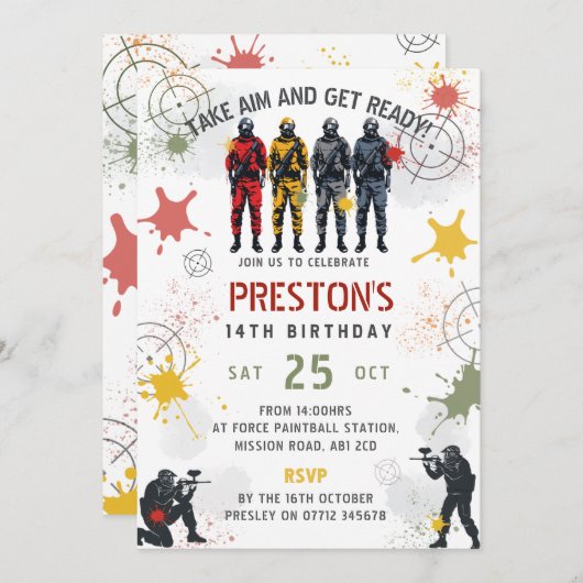 Paintball Birthday Invitation Take Aim & Get Ready Kaart (Voorkant / Achterkant)